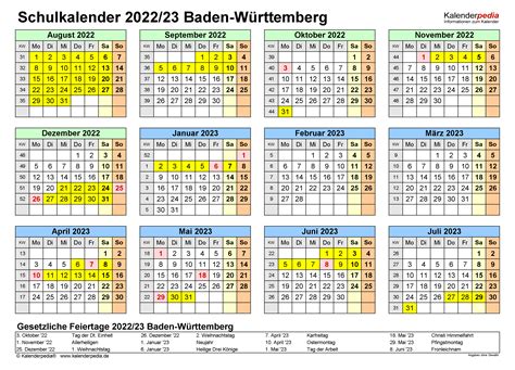 Schulkalender 20222023 Baden Württemberg Für Pdf