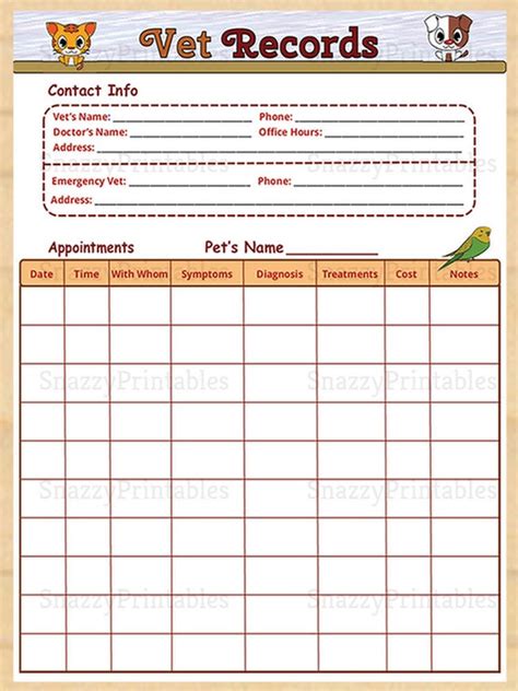Printable Veterinary Record Pet Medical Chart Dog Vet | Etsy