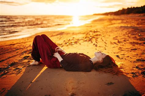 Marat Safin Women Model Long Hair Redhead Beach Sunset Lying Down Wavy Hair Closed Eyes Barefoot
