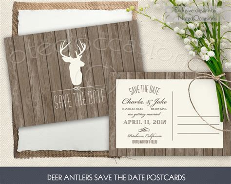 Rustic Deer Antler Save The Date Card Or Postcard Printable Wedding