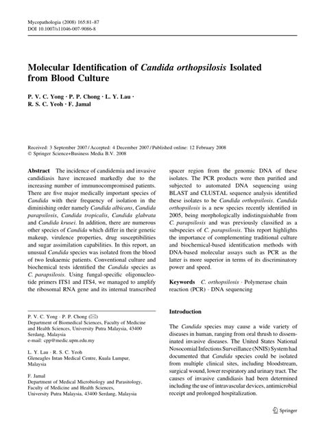 Pdf Molecular Identification Of Candida Orthopsilosis Isolated From
