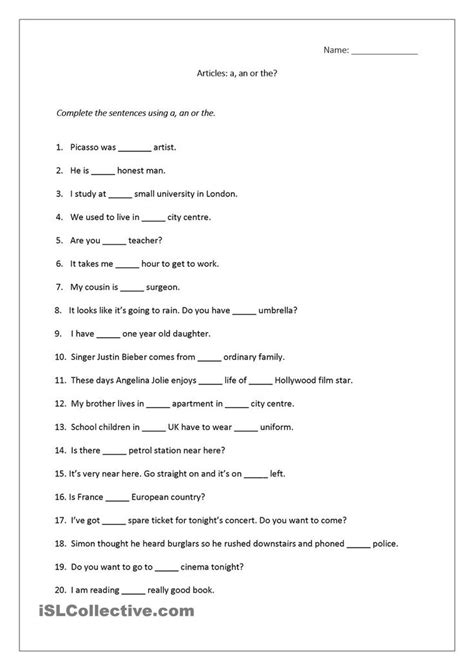 Articles worksheet (a, an, the) includes answers. | Articles worksheet