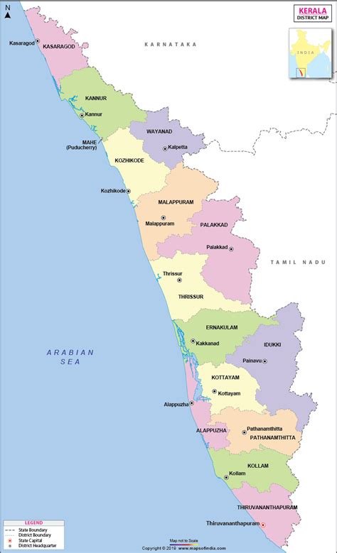 The state extends for about 420 miles from north to south and for about 300 miles from east to west. Kerala District Map