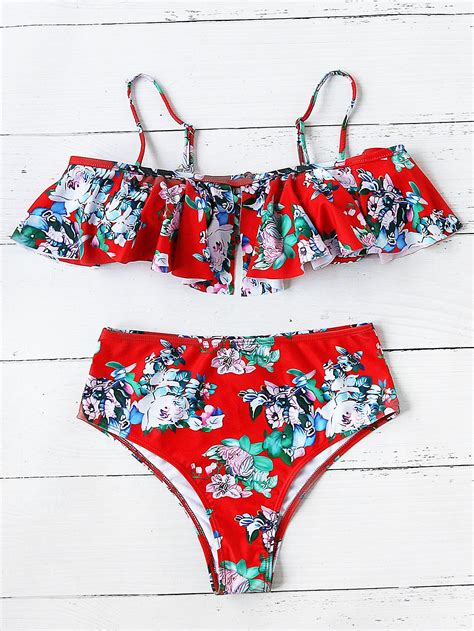 Shop High Waist Flounce Floral Bikini Set Online Shein Offers High