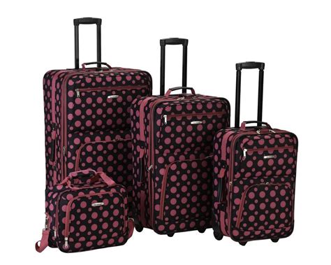 Rockland Luggage 4 Pc Set Soft Case Rolling Expandable Black Pink Polka