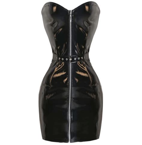 2016 Fashion Sexy Women Strapless Black Faux Leather Bodycon Dress Zipper Front Mini Dress Party