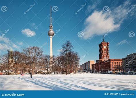 Berlin Under Snow Panoramic Image With Television Tower And Red