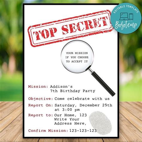 Editable Top Secret Agent Detective Birthday Invitation Diy Bobotemp