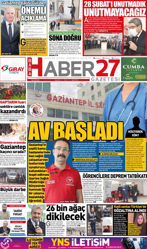 01 Mart 2022 tarihli Gaziantep Hakimiyet Gazete Manşetleri