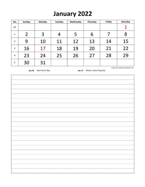 Printable 2022 January Calendar Grid Lines For Daily Notes Vertical