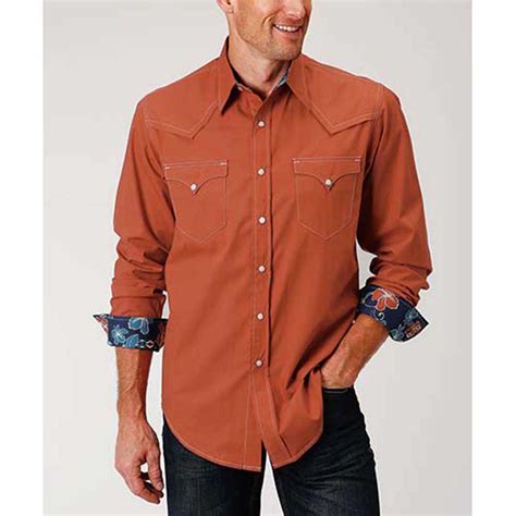Roper Mens Long Sleeve Snap Shirt Orange Mens Western Wear Shirts