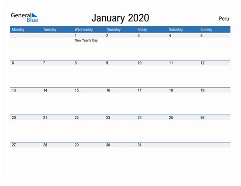 Editable January 2020 Calendar With Peru Holidays