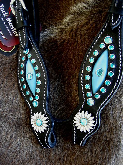 Horse Bridle Western Leather Headstall Barrel Black Turquoise Bling