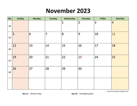 November 2023 Calendar Printable With Coloring On Weekend Horizontal