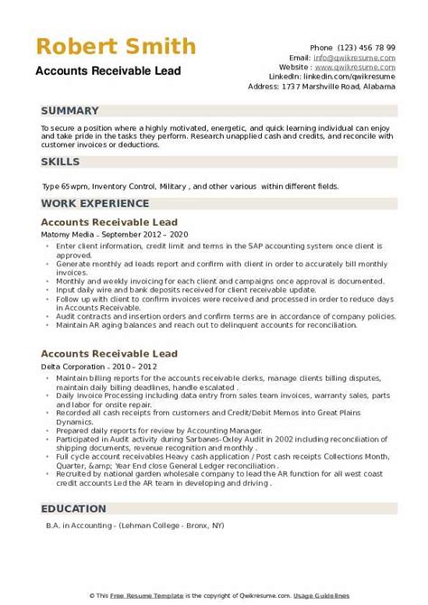 Accounts payable, accounts receivable, billing, collections. Accounts Receivable Lead Resume Samples | QwikResume