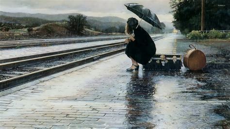 Waiting For The Train In The Rain Wallpaper Artistic Wallpapers 19220