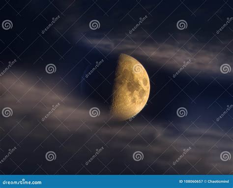Half Moon Seen Through Night Clouds On Dark Sky Stock Image Image Of