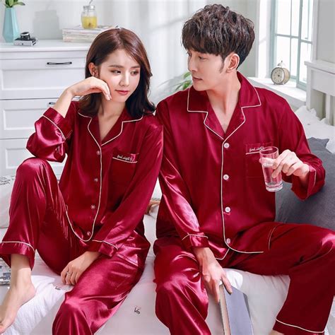 Spring Couple Matching Pajamas Set Faux Silk Satin Solid Simple Full Plus Home Wear For Lovers