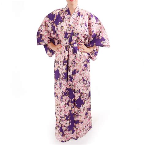 Traditional Purple Cotton Yukata Kimono Sakura Flowers For Ladies