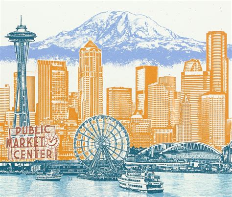 Seattle Art Seattle Skyline Washington Art Skyline Painting Rainier