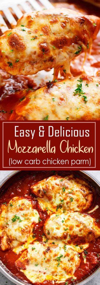 Placed the 4 chicken breast halves in the baking dish and cover each breast with 2 slices of mozzarella cheese. Easy Mozzarella Chicken (Low Carb Chicken Parma) | Recipe ...