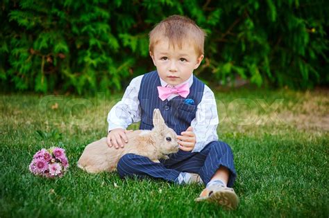 Little Boy Playing With A Rabbit In The Summer Garden Stock Image