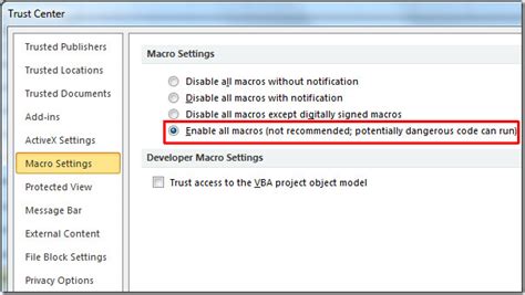 Enable macros in excel through the macros setting under the trust center. Enable All Macros In Excel 2010