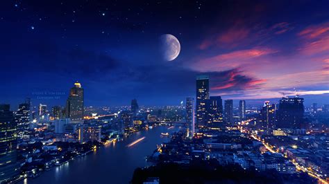 2560x1440 City Lights Moon Vibrant 4k 1440p Resolution Hd 4k Wallpapers