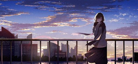 Anime Girl Landscape Closed Eyes Fence Scenic Clouds Scarf Stars
