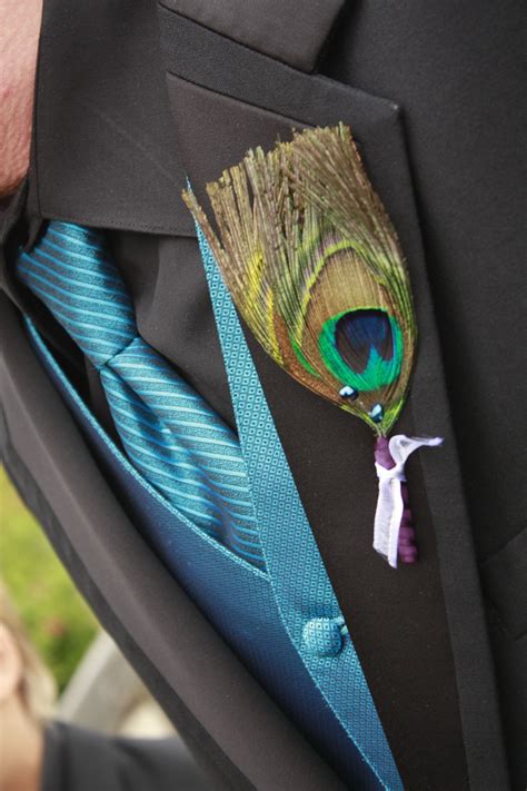 Peacock Feather Boutonnières Groomsmen Colours Blue Orchid Wedding