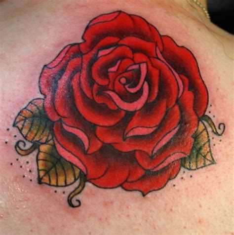 Traditional Rose Flower With Green Leaves Tattoo Tattooimages Biz
