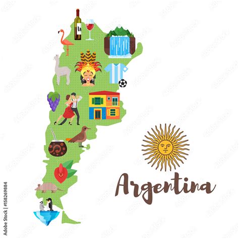 Illustration Of Argentina Map With Argentinian National Cultural Symbols Vector De Stock