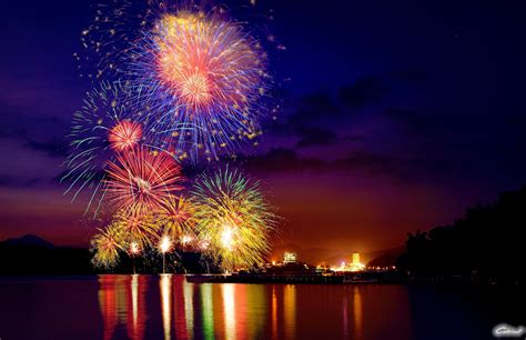 Fireworks City Lights Night Lake Wallpapers Hd Desktop And Mobile
