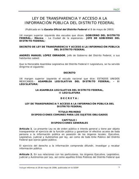 Ley De Transparencia Y Acceso A La InformaciÓn PÚblica Del Distrito Federal