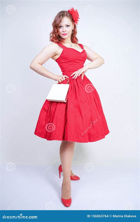 Beautiful Girl In Pinup Style Dress Isolated On White Stock Photo