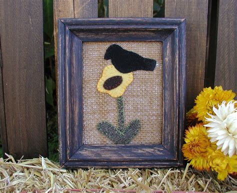 Primitive Sunflower And Crow Framed Folk Art
