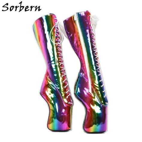 Sorbern Rainbow Holographic Ballet Boots Knee High Lace Up Bdsm Ladies Boots Heelless Custom