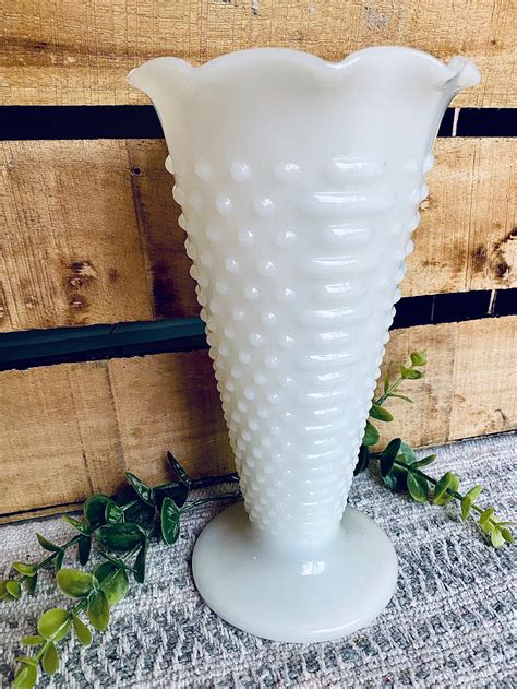 Vintage Anchor Hocking Hobnail Milk Glass Flute Vase W Footed Etsy