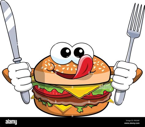 Hungry Cartoon Hamburger Character Holding Fork And Knife Licking Chops