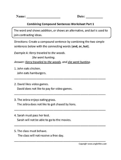 compound sentences worksheets combining compound