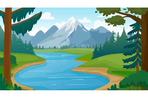 River Cartoon Summer Landscape With Trees River Road Cartoon Style
