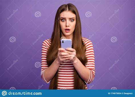 Photo Of Attractive Terrified Lady Look Open Mouth Telephone Screen Read Negative Comments Blog