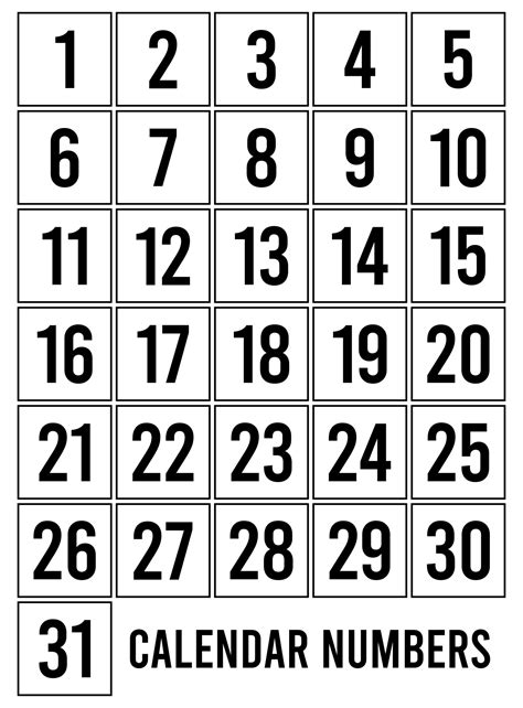 Printable Calendar Numbers Free Printable Numbers 1 31 Pdf Printable
