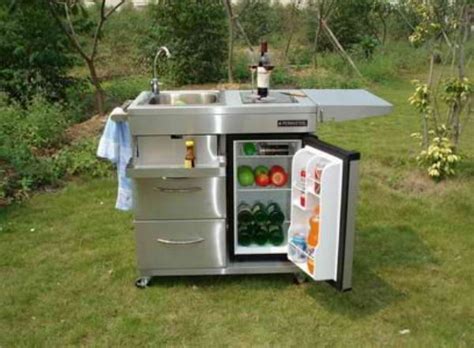 Outdoor Kitchen Cart With Mini Refrigerator And Also Faucet And Sink