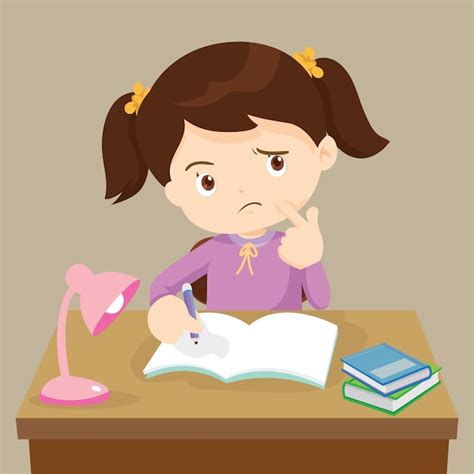 Premium Vector Cute Girl Thinking Working On Homework