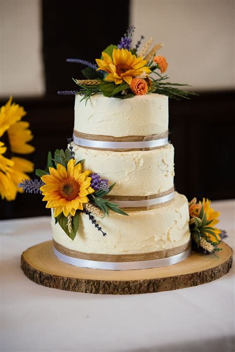 Rustic Three Tier Wedding Cake Decorated With Sunflowers Sunflower