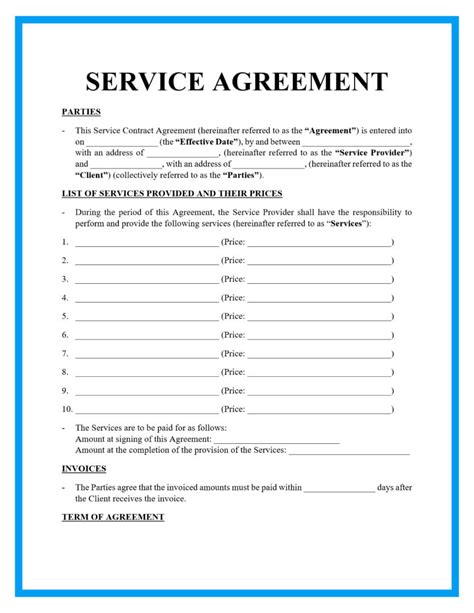 Printable Service Agreement Template Free
