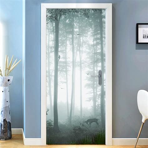 Modern Simple Misty Forest Door Sticker 3d Landscape Wallpaper Pvc Self