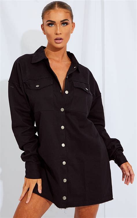 Black Woven Button Up Long Sleeve Shirt Dress Prettylittlething Usa