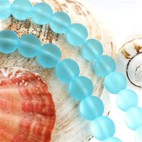 Round Cultured Sea Glass Beads 10mm Frosted Blue 1 Strand 22 Beads